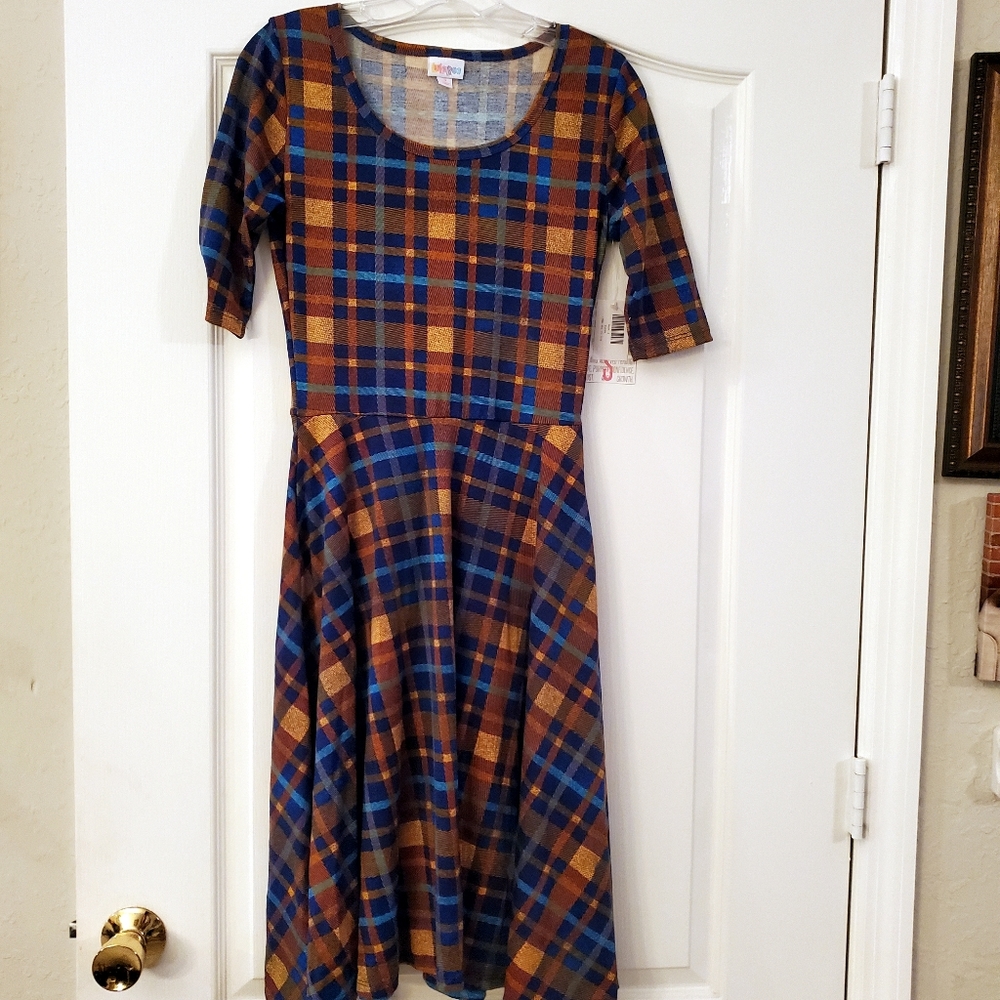 Lularoe S Orange Blue Plaid Nicole Midi Dress NWT